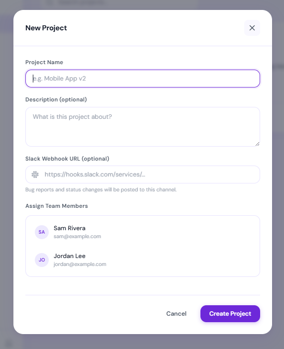 Create a new project form