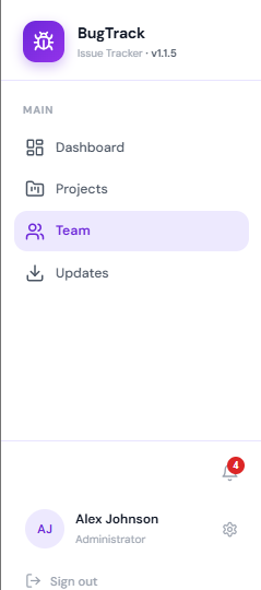 BugTrack sidebar navigation panel