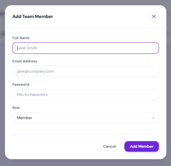 Add a new team member dialog