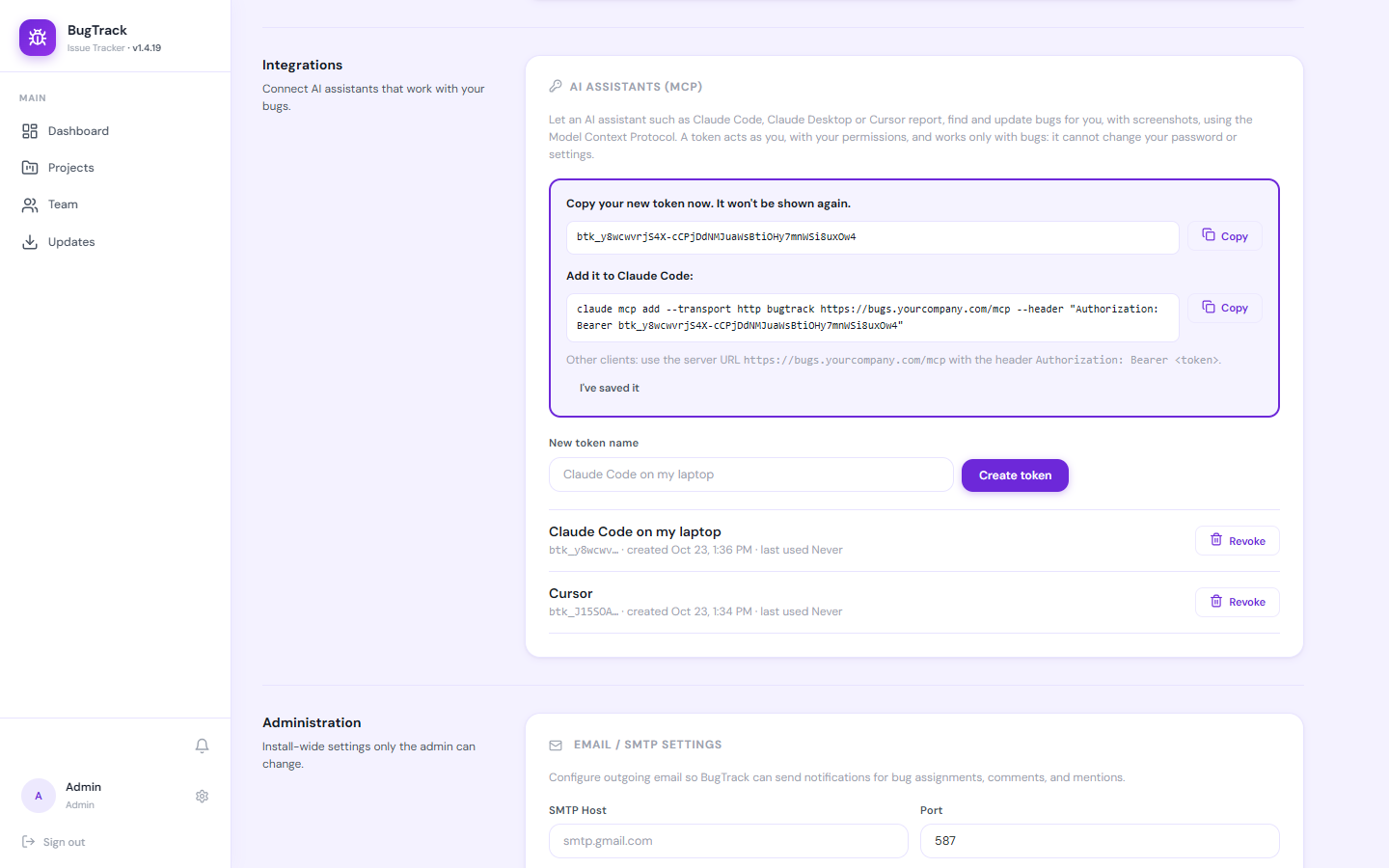 The AI Assistants (MCP) section of BugTrack Settings, showing a newly created btk_ token and the ready-to-paste Claude Code command