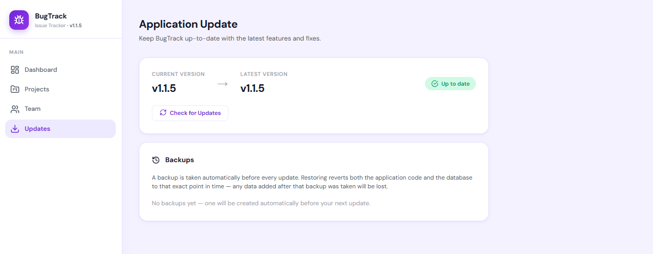 The BugTrack admin update page showing an available new version and backup list