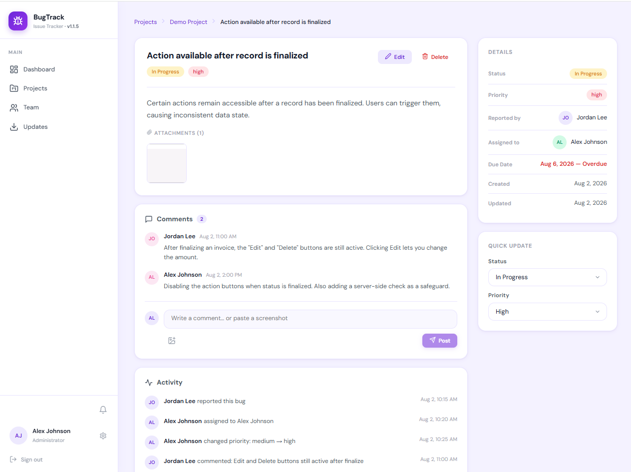 BugTrack bug detail page with description, threaded comments, image attachments and an activity timeline