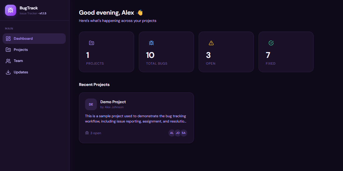 BugTrack running in dark mode, showing the project view with a dark purple theme