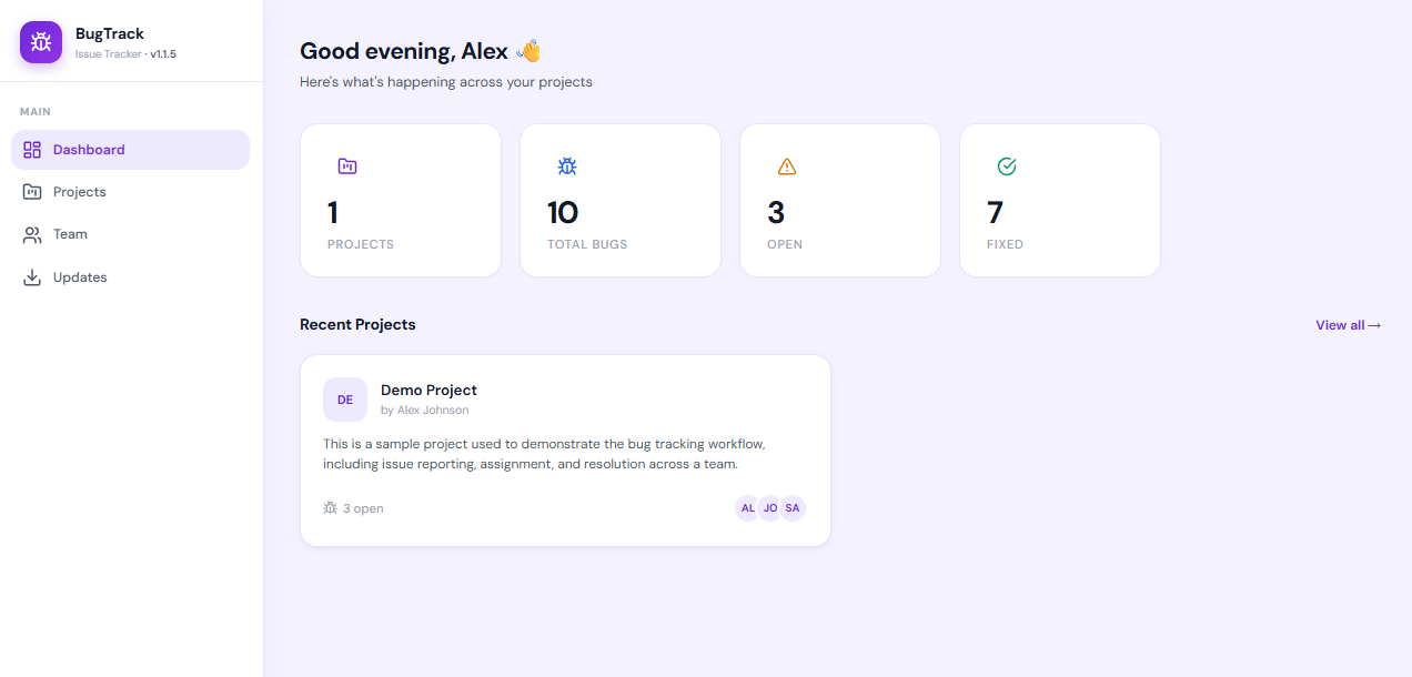 BugTrack dashboard showing project statistics, open and fixed bug counts, and a list of recent projects
