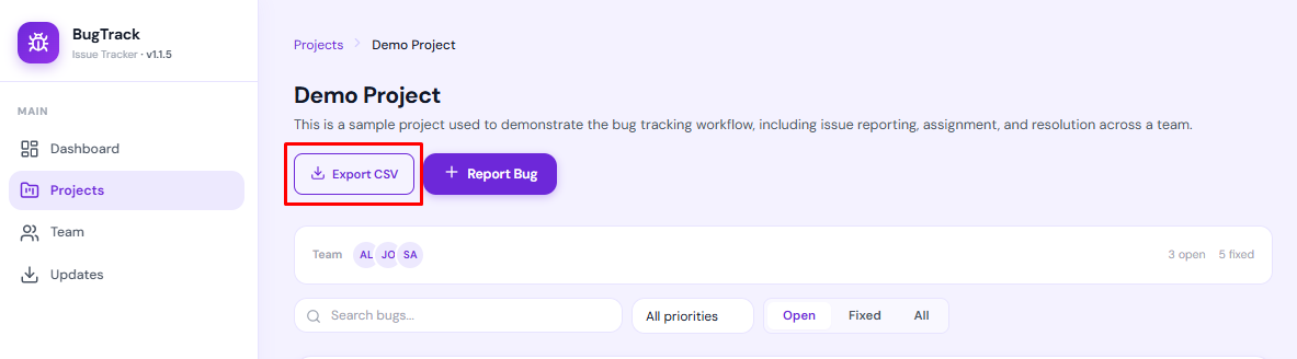 Exporting a BugTrack project bug list to a CSV file