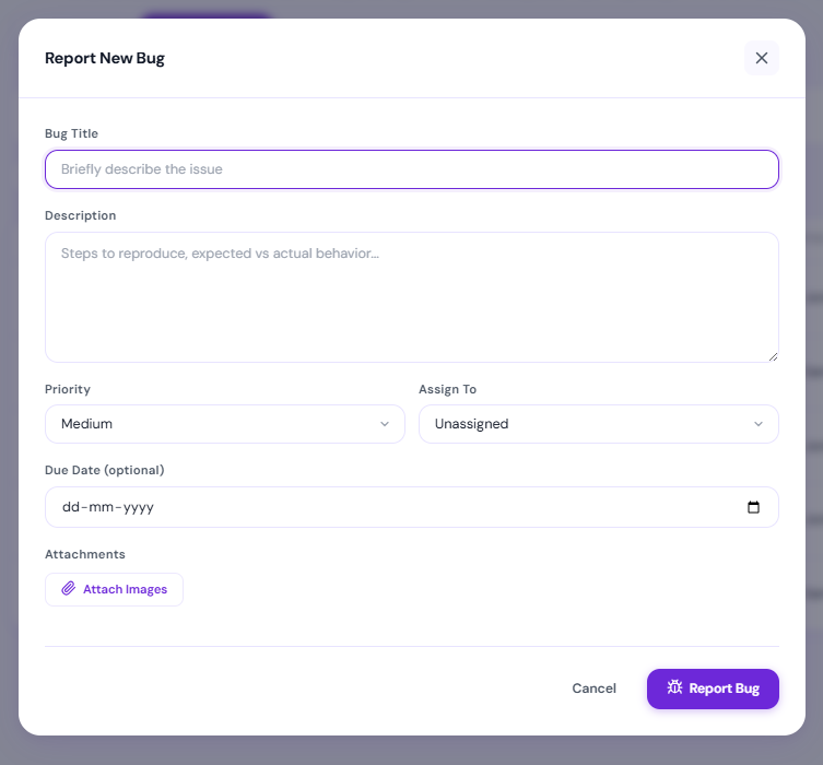 The new bug dialog in BugTrack with title, description, priority and assignee fields