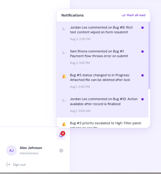 The BugTrack notification panel showing recent assignments and comments