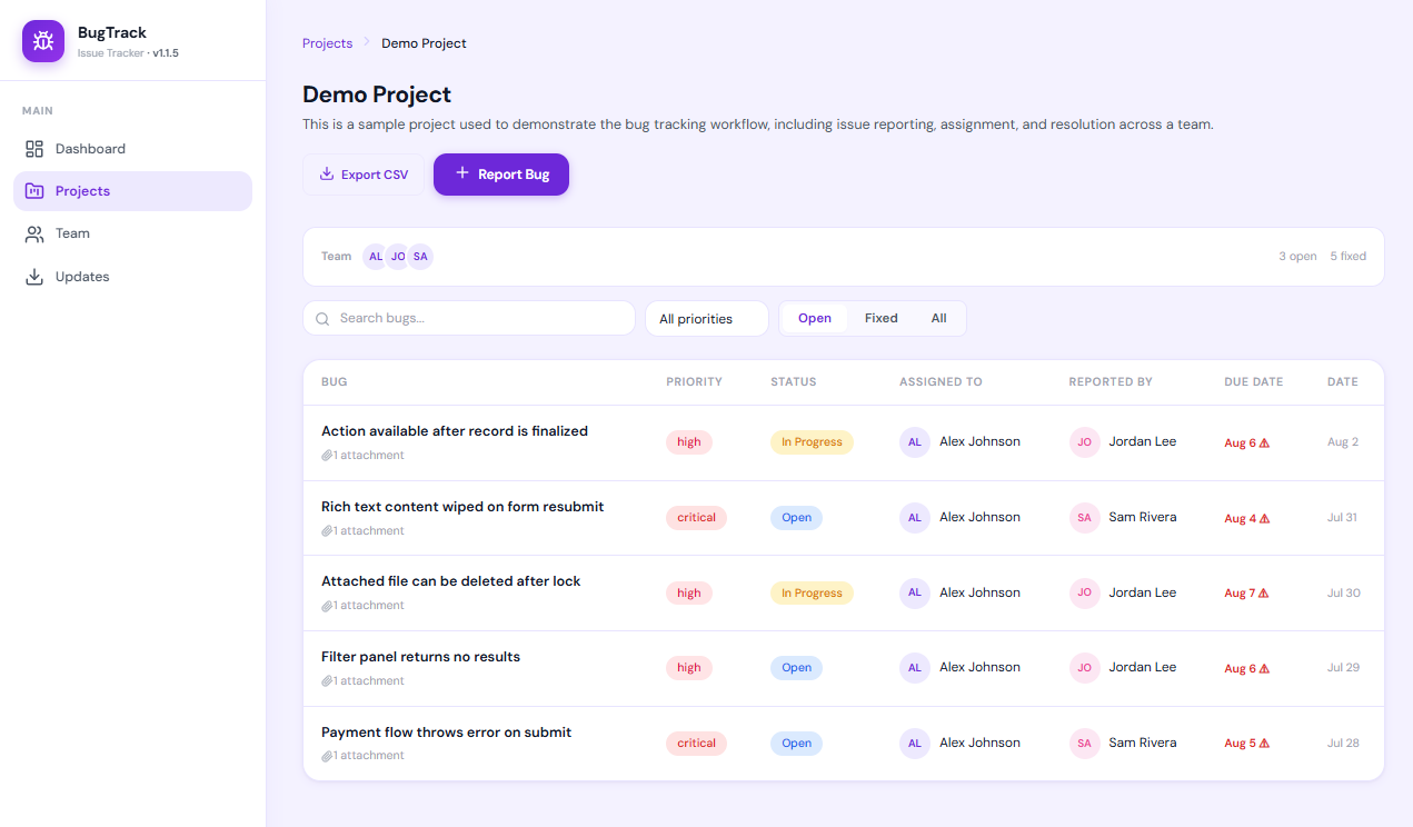 BugTrack project bug listing with search, status filters and colour-coded priority badges