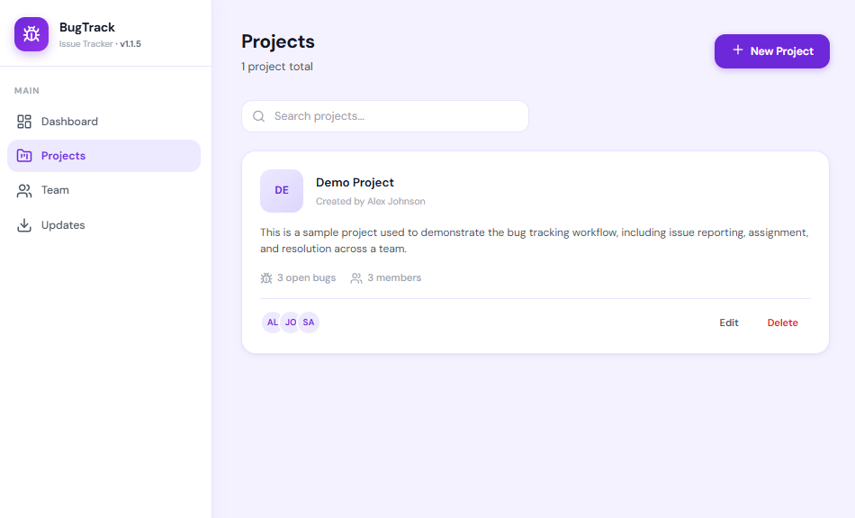 BugTrack projects page listing all projects with bug counts and member avatars