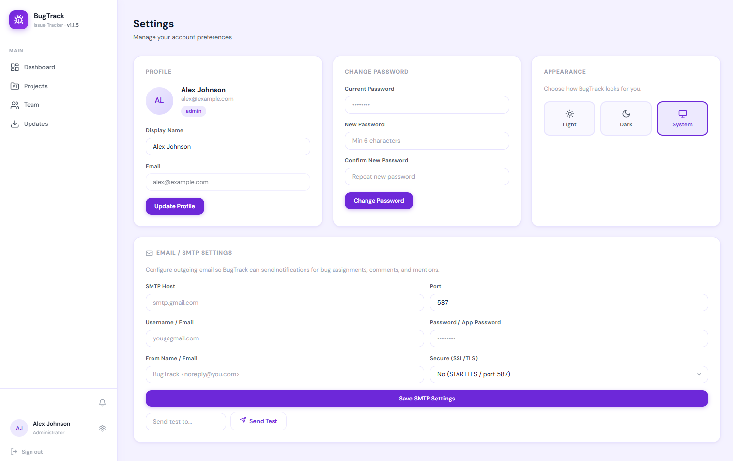 BugTrack settings page showing profile, appearance and SMTP email configuration